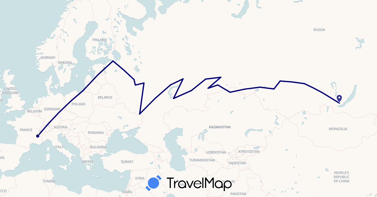 TravelMap itinerary: driving in France, Kazakhstan, Russia (Asia, Europe)